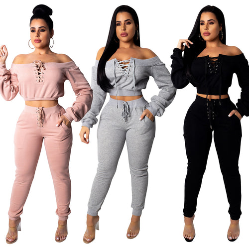 Women's 2 piece Long Sleeve Crop String-tie Top Set