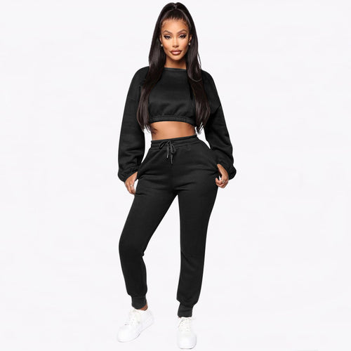 Women's 2 piece Fleece Crop Top Solid Color Set